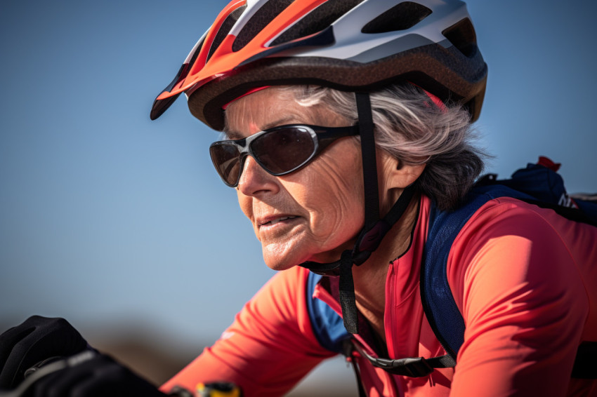 Close up portrait of elderly woman cycling Close up portrait of elderly woman cycling