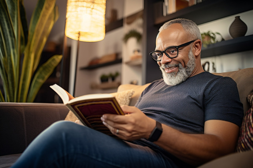 Smiling African American man reading book at home Smiling African American man reading book at home