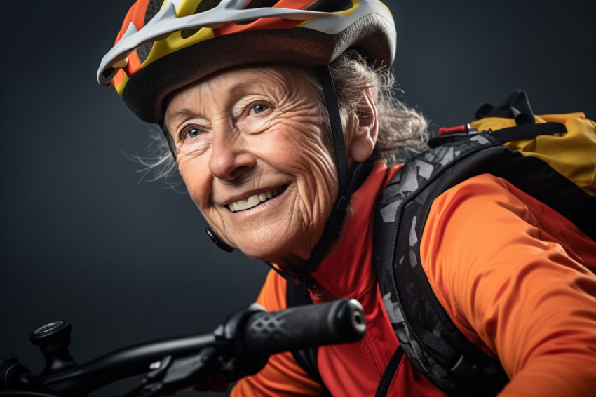 Close up portrait of elderly woman cycling Close up portrait of elderly woman cycling