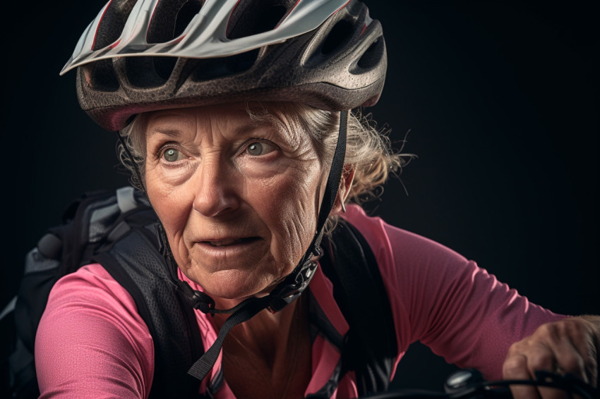 Close up portrait of elderly woman cycling Close up portrait of elderly woman cycling