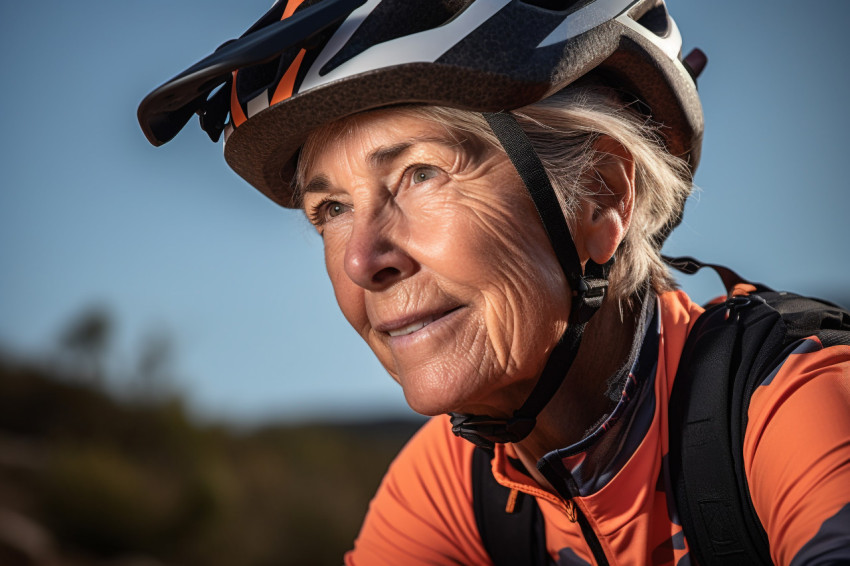Close up portrait of elderly woman cycling Close up portrait of elderly woman cycling