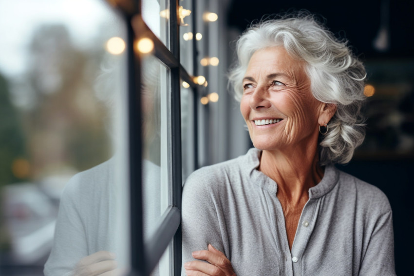 Smiling mature woman looking out window Smiling mature woman looking out window