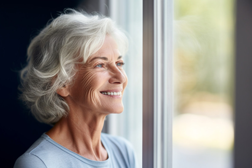 Smiling mature woman looking out window Smiling mature woman looking out window