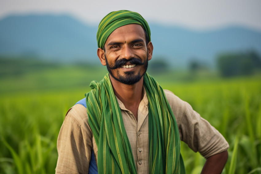 Happy Indian farmer in traditional kurta in green field portrait Happy Indian farmer in traditional kurta in green field portrait