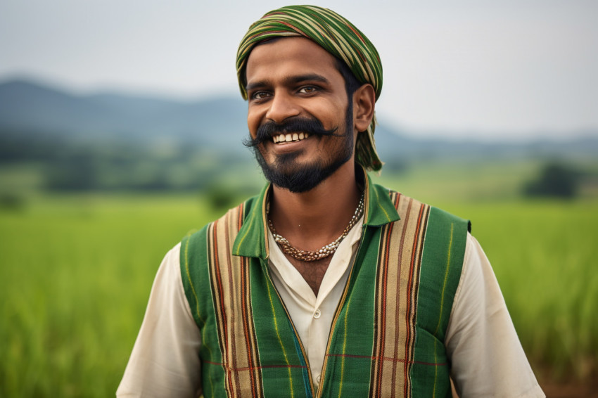 Happy Indian farmer in traditional kurta in green field portrait Happy Indian farmer in traditional kurta in green field portrait