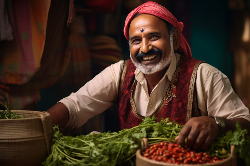 Happy Indian farmer in traditional dress posing at home Happy Indian farmer in traditional dress posing at home