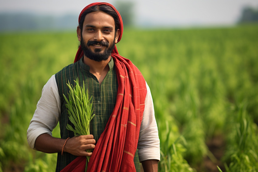 Happy Indian farmer in traditional kurta in green field portrait Happy Indian farmer in traditional kurta in green field portrait