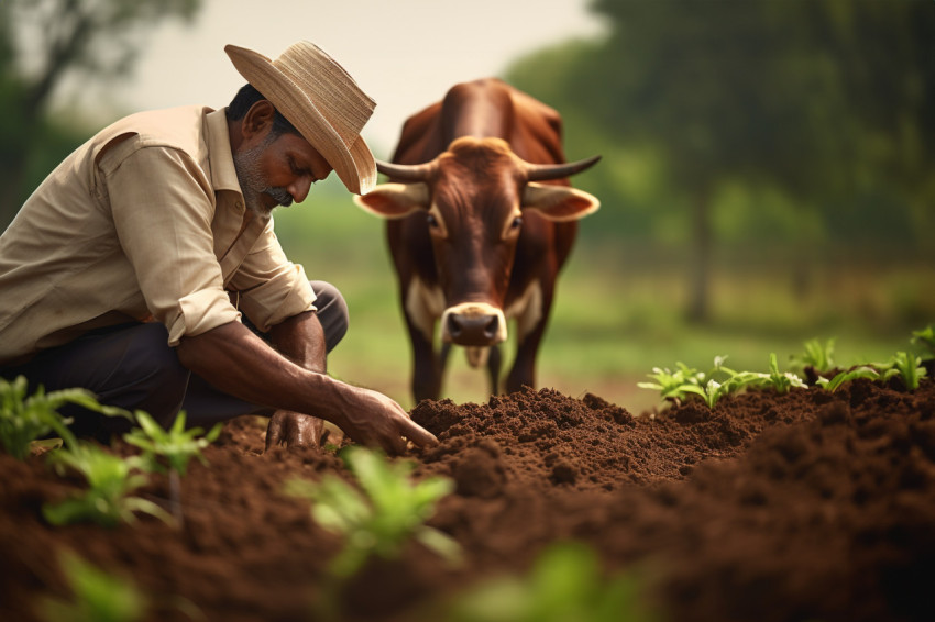 Indian farmer plowing field with cow for bread Indian farmer plowing field with cow for bread