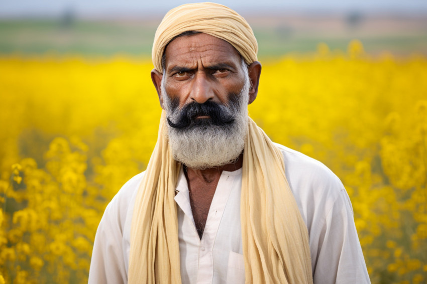 Angry Indian farmer in mustard field Angry Indian farmer in mustard field