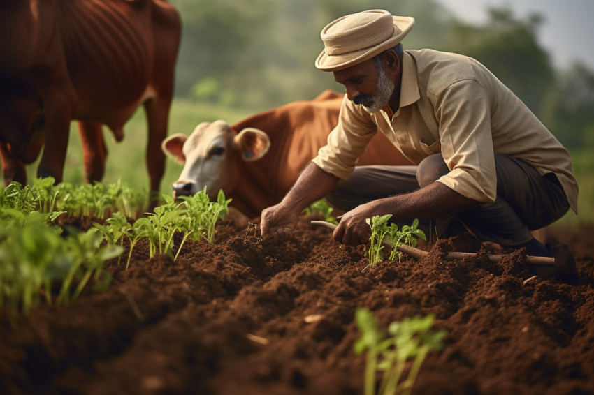 Indian farmer plowing field with cow for bread Indian farmer plowing field with cow for bread