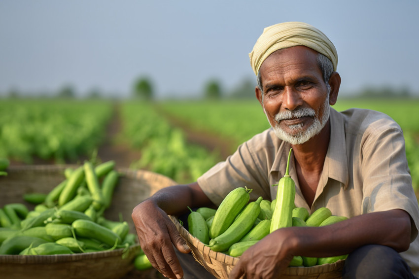 Indian farmer inspecting bottle gourds in field Indian farmer inspecting bottle gourds in field