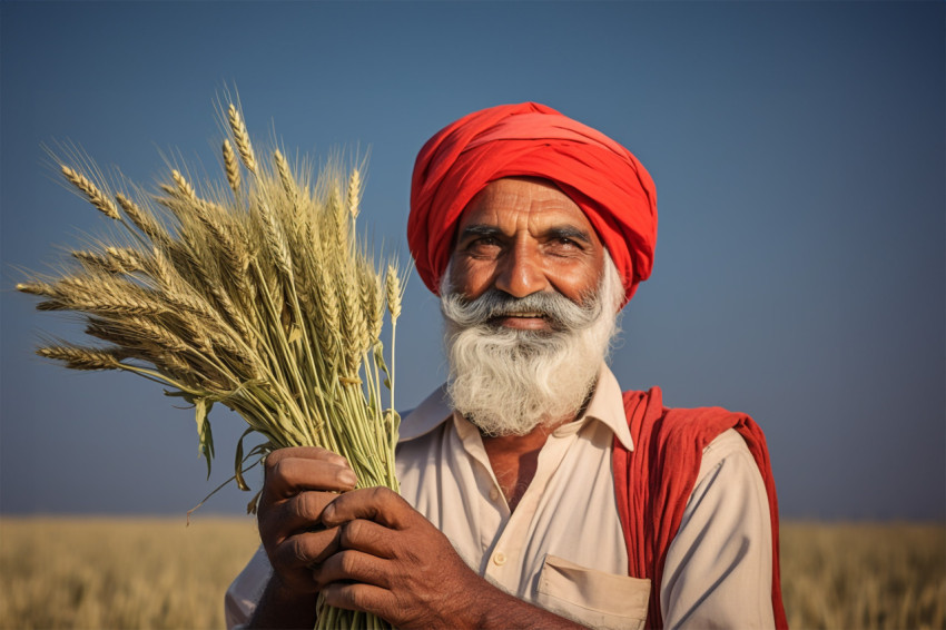 Indian farmer holding wheat crop in his field Indian farmer holding wheat crop in his field