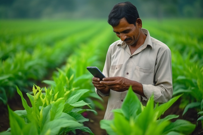 Indian farmer using smartphone in turmeric field Indian farmer using smartphone in turmeric field