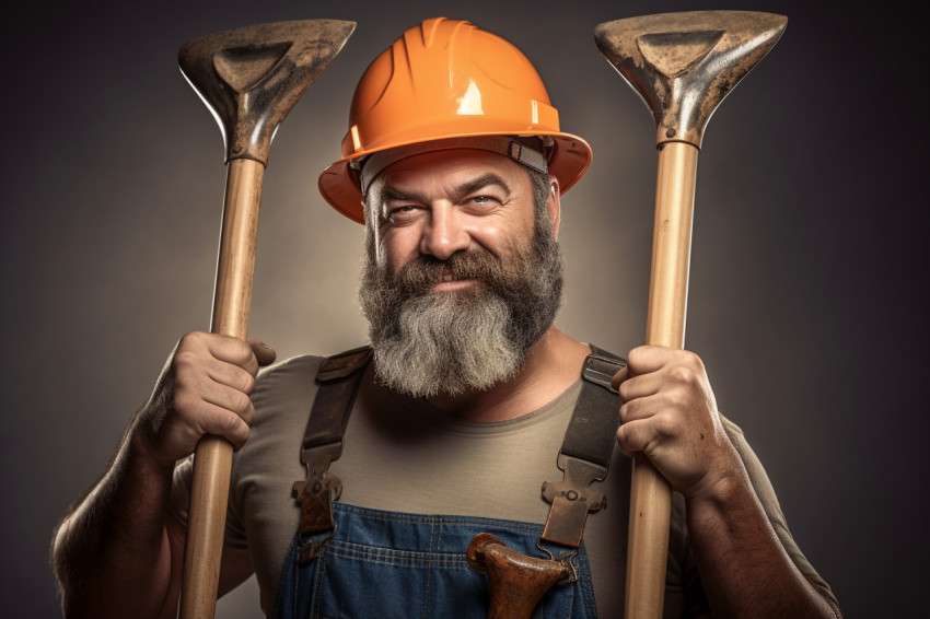 Photo of farmer with spade on shoulder gesturing Photo of farmer with spade on shoulder gesturing
