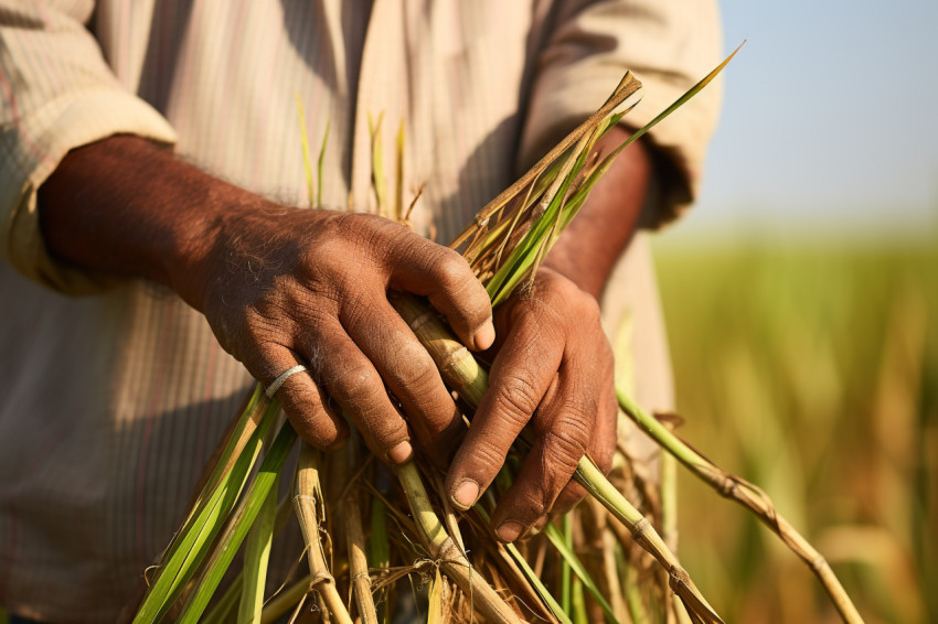 Indian farmer standing in sugarcane field Indian farmer standing in sugarcane field