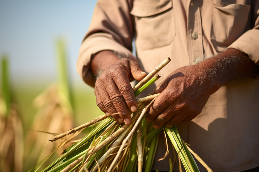 Indian farmer standing in sugarcane field Indian farmer standing in sugarcane field