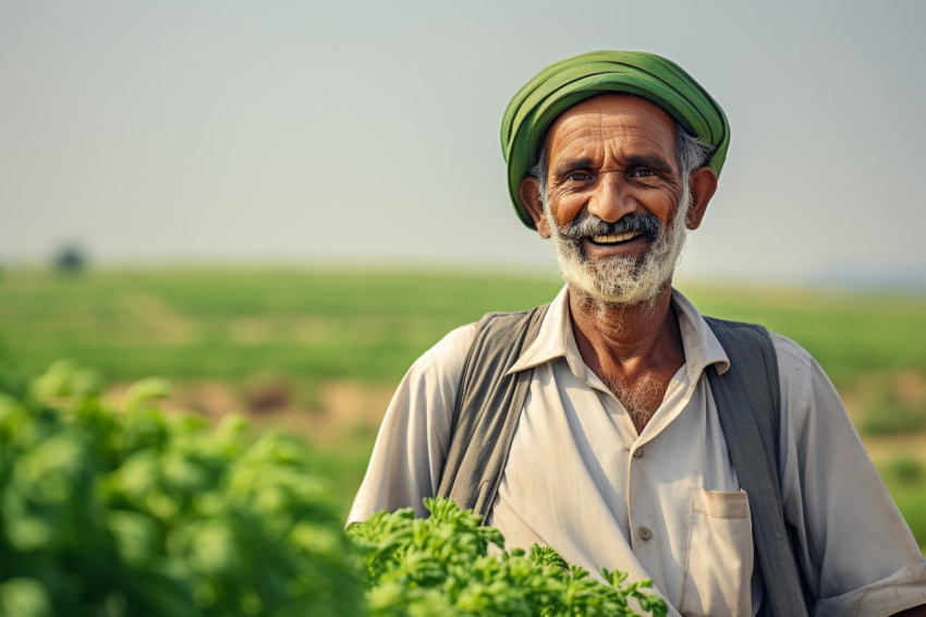 Indian farmer smiling in agriculture field Indian farmer smiling in agriculture field