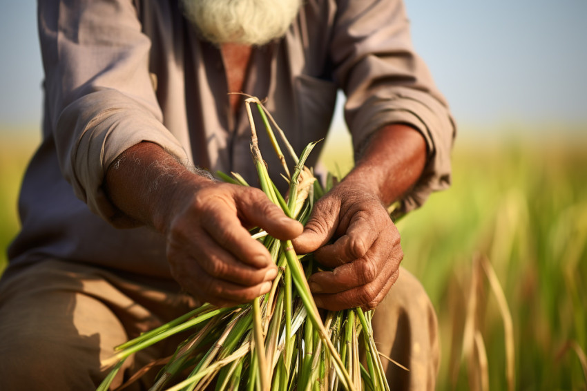 Indian farmer standing in sugarcane field Indian farmer standing in sugarcane field