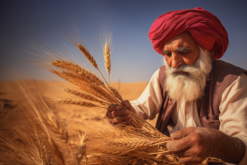 Indian farmer scatters wheat in field Indian farmer scatters wheat in field