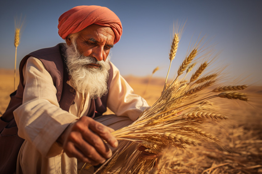 Indian farmer scatters wheat in field Indian farmer scatters wheat in field