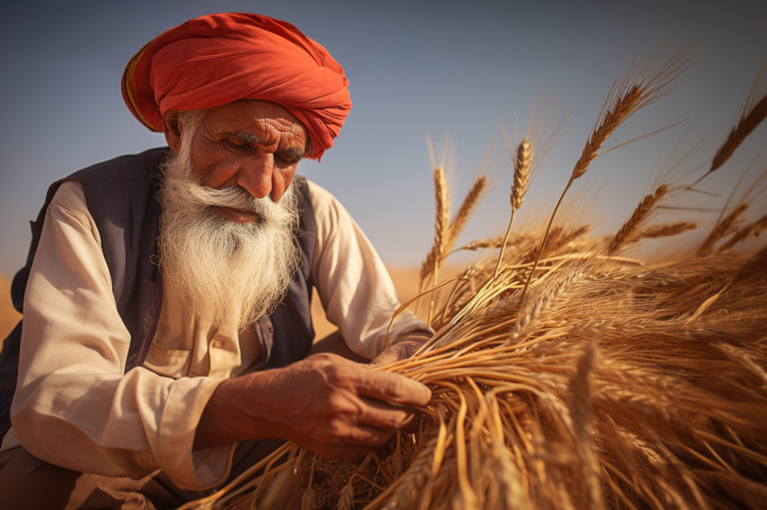 Indian farmer scatters wheat in field Indian farmer scatters wheat in field