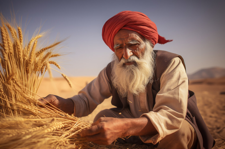 Indian farmer scatters wheat in field Indian farmer scatters wheat in field