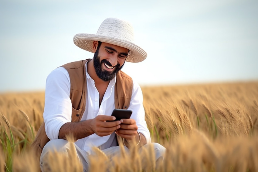 Young Indian farmer checking smartphone in wheat field Young Indian farmer checking smartphone in wheat field