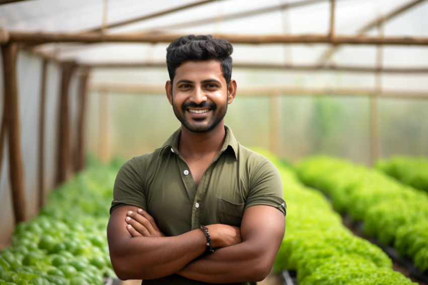 Smiling Indian farmer stands with crossed arms in his polyhouse greenhouse