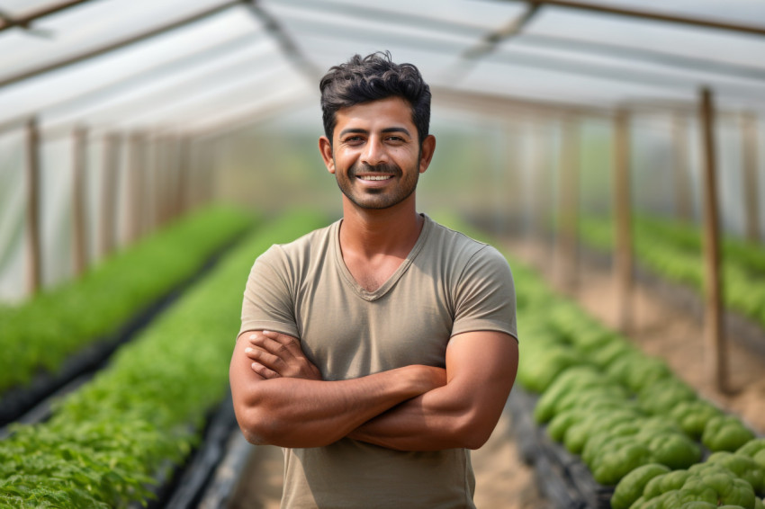 Smiling Indian farmer stands with crossed arms in his polyhouse greenhouse