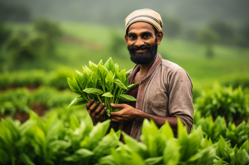 Indian farmer inspecting turmeric field Indian farmer inspecting turmeric field