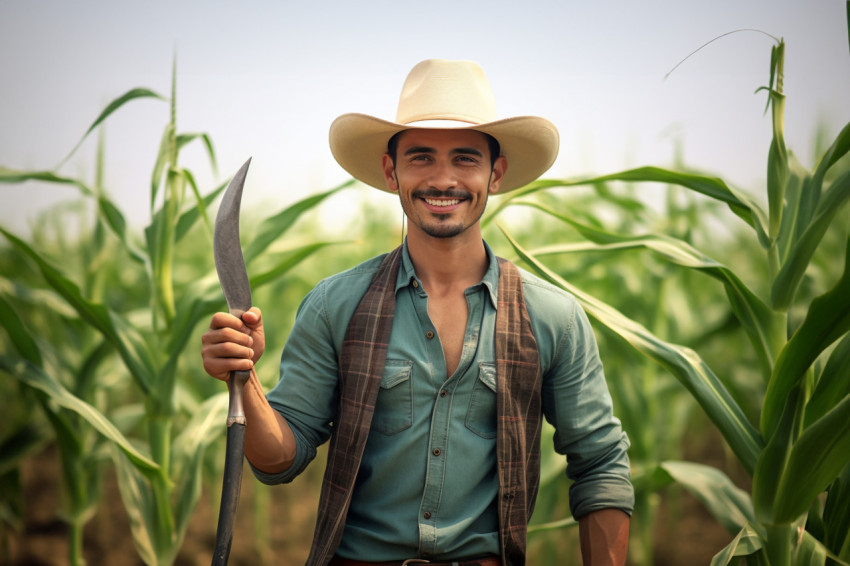 Smiling young farmer with crop and sickle in rural field Smiling young farmer with crop and sickle in rural field