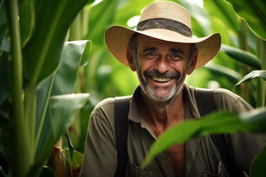 A farmer posing in a banana plantation in the American tropics A farmer posing in a banana plantation in the American tropics