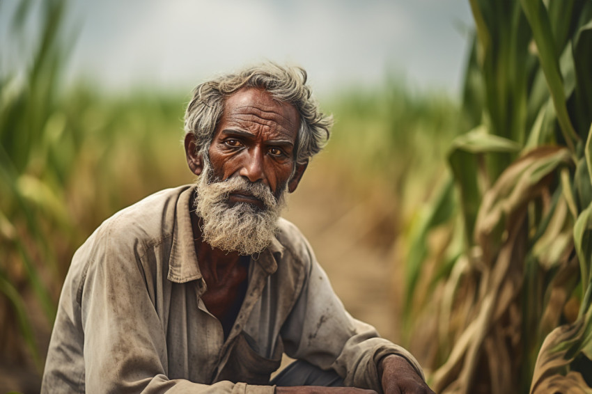 Indian poor farmer in farm sad due to loss Indian poor farmer in farm sad due to loss