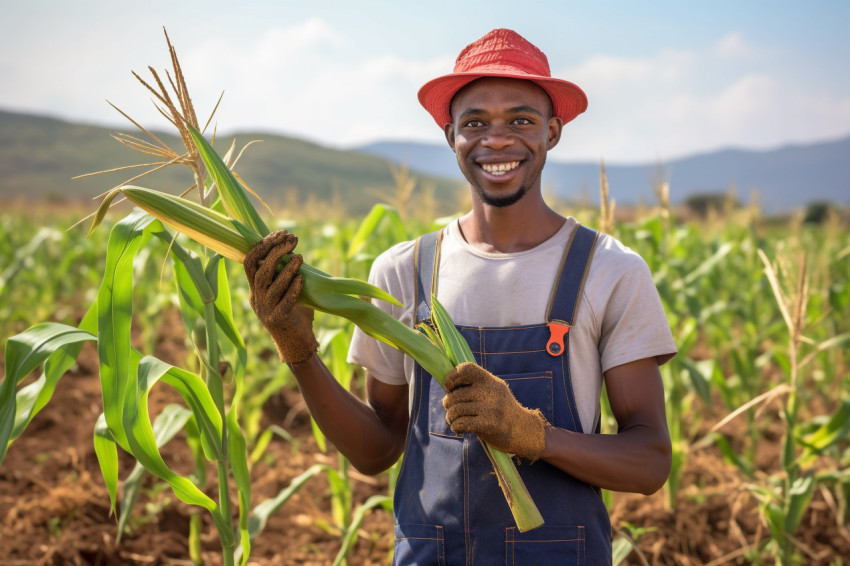 Smiling young farmer with crop and sickle in rural field Smiling young farmer with crop and sickle in rural field