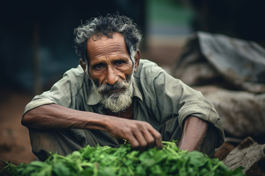 Indian poor farmer in farm sad due to loss Indian poor farmer in farm sad due to loss