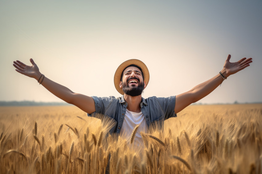 Cheerful young Indian farmer standing in wheat field with arms outstretched Cheerful young Indian farmer standing in wheat field with arms outstretched