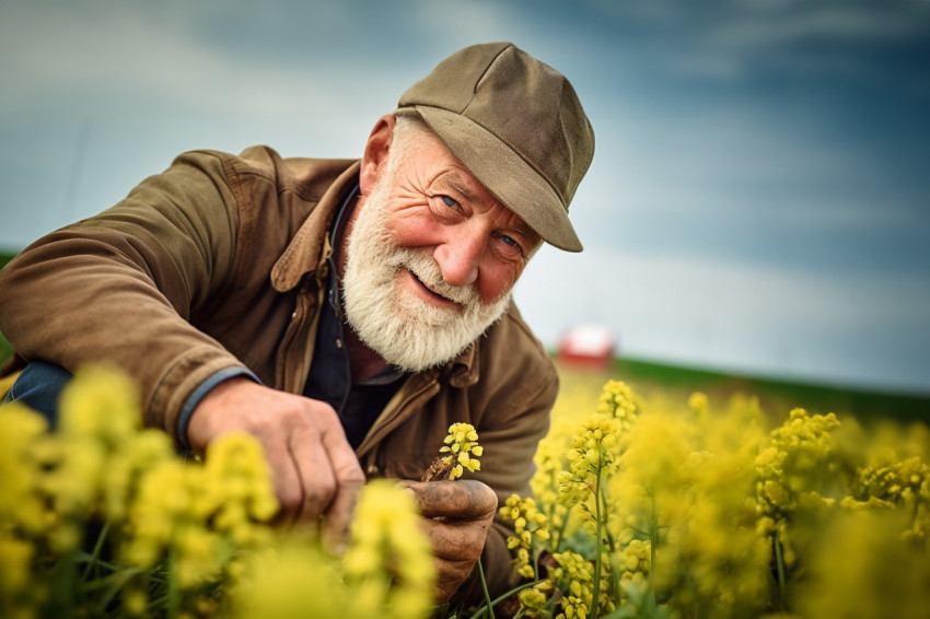 Farmer inspecting oilseed field Farmer inspecting oilseed field