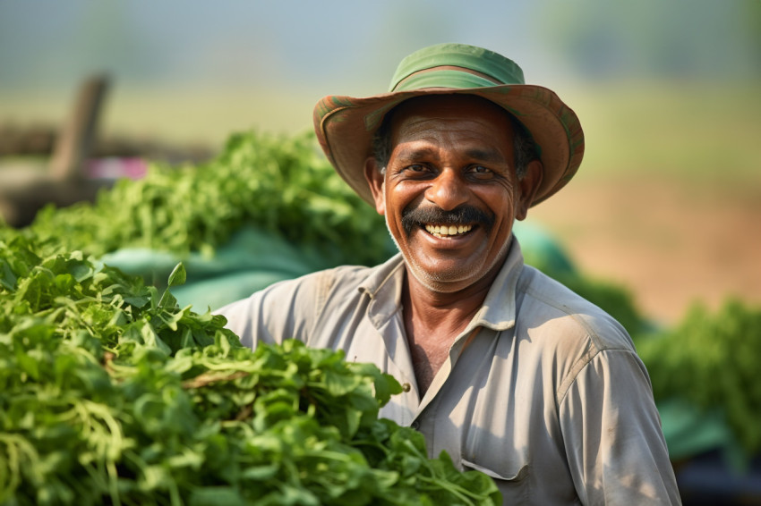 Indian farmer smiling in green field Indian farmer smiling in green field