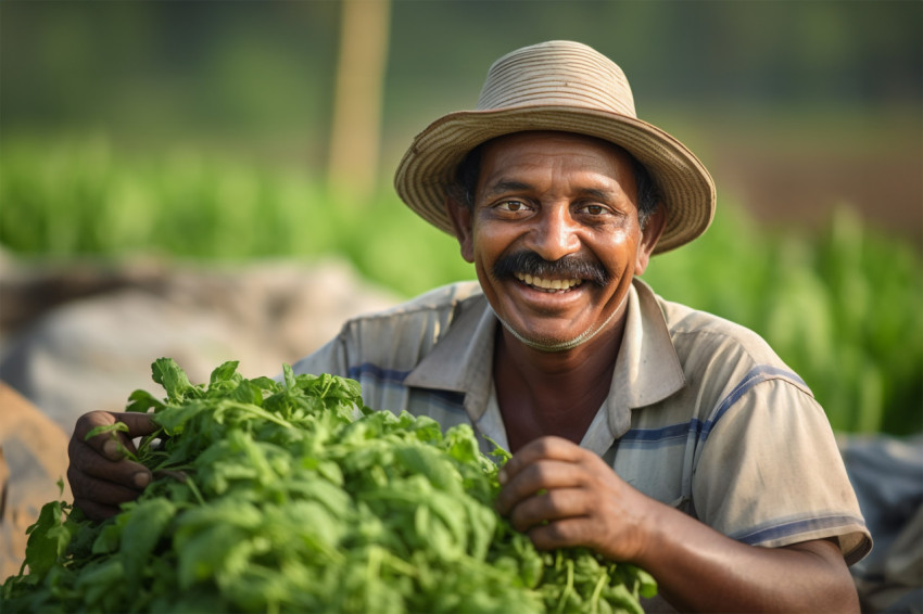 Indian farmer smiling in green field Indian farmer smiling in green field