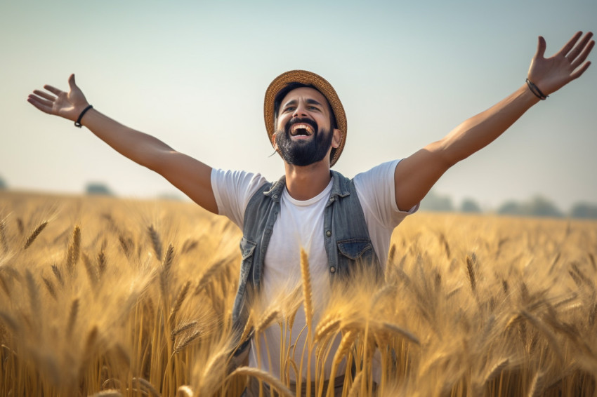 Cheerful young Indian farmer standing in wheat field with arms outstretched Cheerful young Indian farmer standing in wheat field with arms outstretched