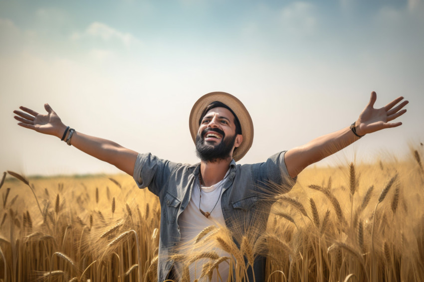 Cheerful young Indian farmer standing in wheat field with arms outstretched Cheerful young Indian farmer standing in wheat field with arms outstretched