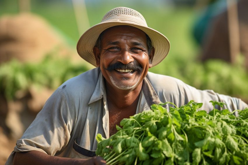 Indian farmer smiling in green field Indian farmer smiling in green field