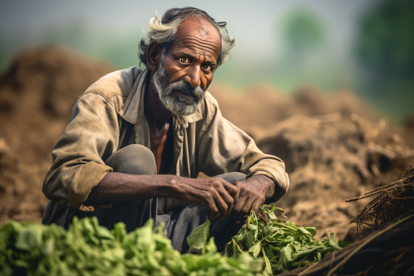 Indian poor farmer in farm sad due to loss Indian poor farmer in farm sad due to loss
