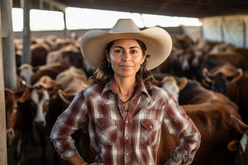Mexican woman farmer smiling with cows Mexican woman farmer smiling with cows