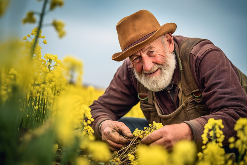 Farmer inspecting oilseed field Farmer inspecting oilseed field