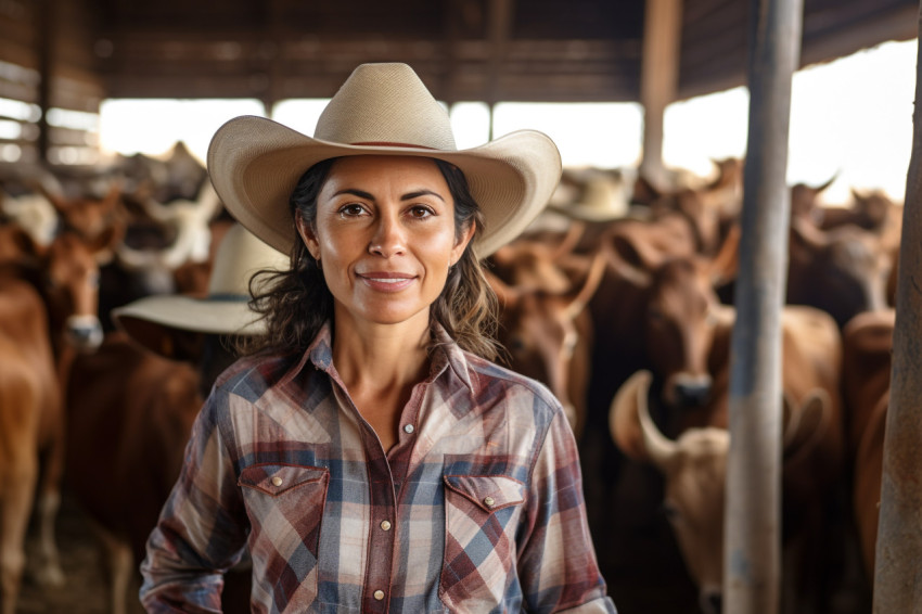 Mexican woman farmer smiling with cows Mexican woman farmer smiling with cows