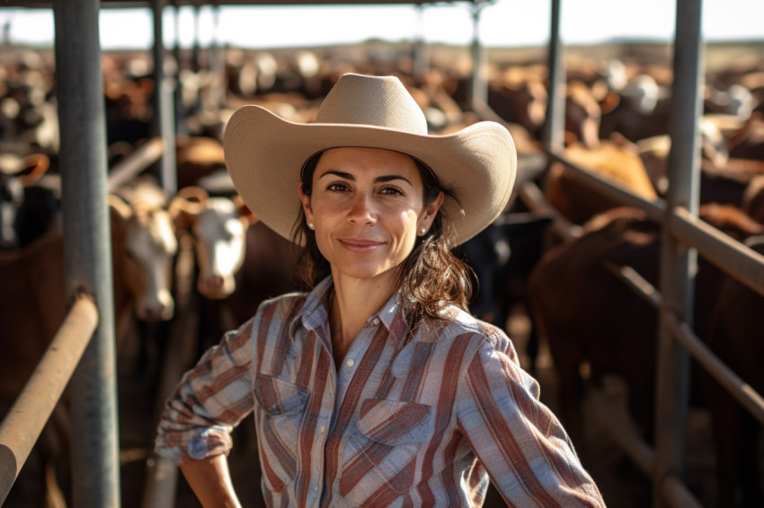 Mexican woman farmer smiling with cows Mexican woman farmer smiling with cows