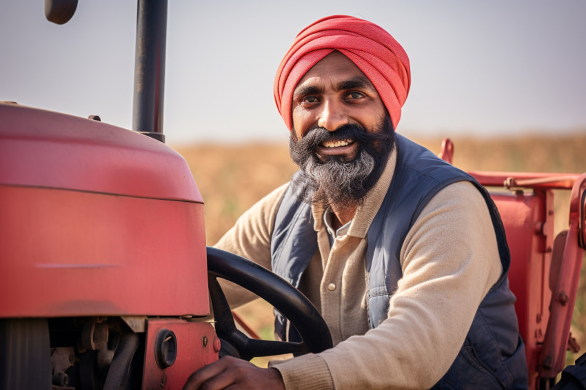 Indian farmer smiles while driving tractor in field Indian farmer smiles while driving tractor in field