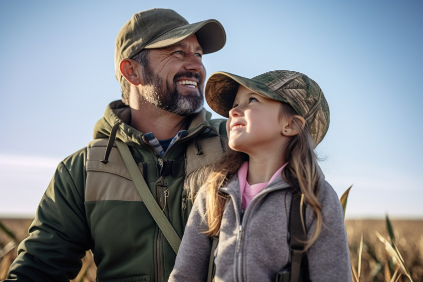 Happy father and daughter in agricultural field Happy father and daughter in agricultural field