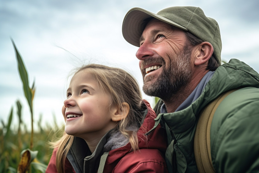 Happy father and daughter in agricultural field Happy father and daughter in agricultural field